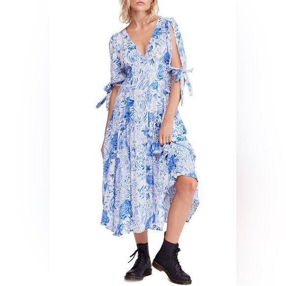 Free People Forever Always Floral Midi Dress Cold Shoulder Boho Size 2 - Picture 4 of 14